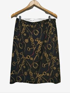 Vintage Kasper Black Gold Equestrian Chain Print Lined Midi Skirt 14P